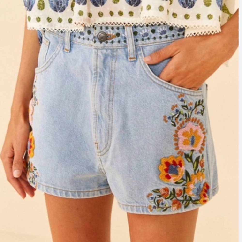 FARM Rio Light Blue Jean Shorts with Floral Embroidery